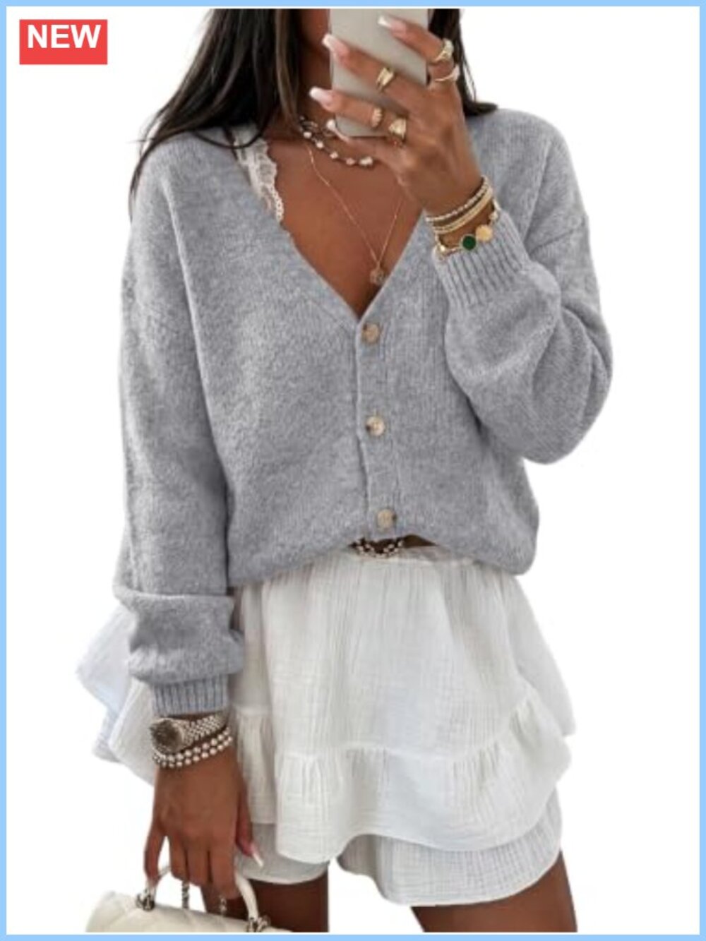 Oversized Cropped V-Neck Button Cardigan Sweater Women Long Sleeve